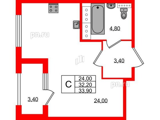 Квартира в ЖК 'Галактика', студия, 33.7 м², 16 этаж