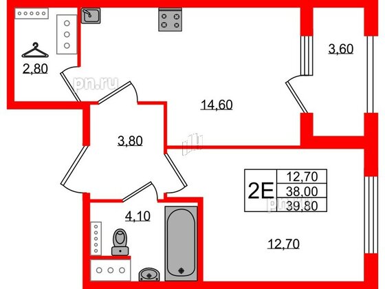 Квартира в ЖК 'Галактика', 1 комнатная, 39.7 м², 15 этаж