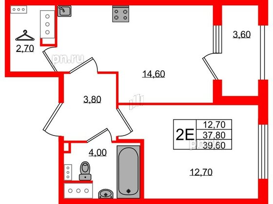 Квартира в ЖК 'Галактика', 1 комнатная, 39.6 м², 18 этаж