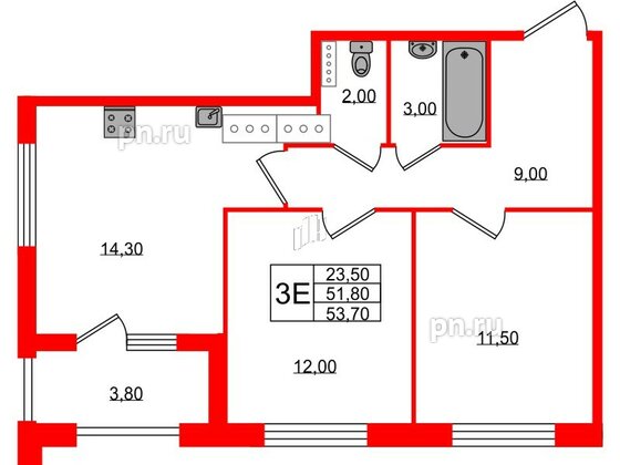 Квартира в ЖК 'Галактика', 2 комнатная, 53.8 м², 10 этаж