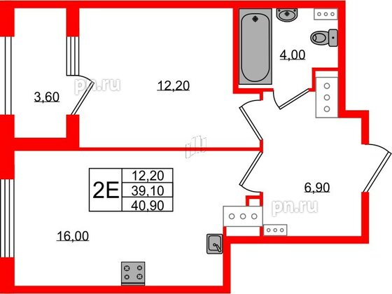 Квартира в ЖК 'Галактика', 1 комнатная, 41.1 м², 18 этаж