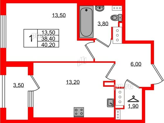 Квартира в ЖК 'Галактика', 1 комнатная, 40 м², 18 этаж