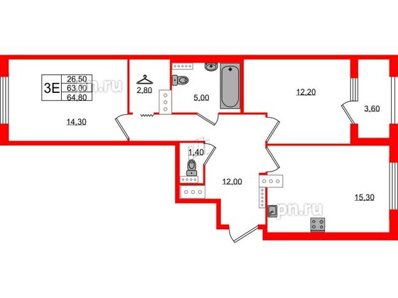 Квартира в ЖК 'Галактика', 2 комнатная, 64.6 м², 13 этаж