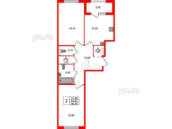 Квартира в ЖК 'Галактика', 2 комнатная, 66.7 м², 2 этаж