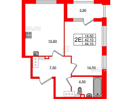 Квартира в ЖК 'Галактика', 1 комнатная, 43.9 м², 18 этаж