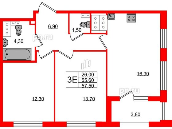 Квартира в ЖК 'Галактика', 2 комнатная, 57.6 м², 18 этаж