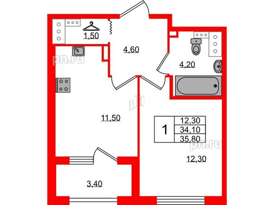 Квартира в ЖК 'Галактика', 1 комнатная, 35.8 м², 18 этаж