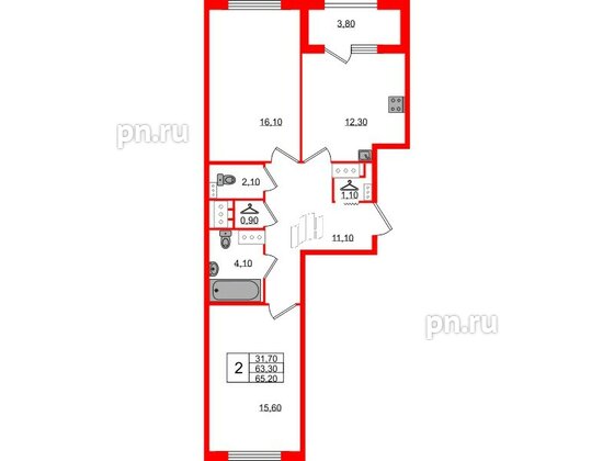 Квартира в ЖК 'Галактика', 2 комнатная, 64.8 м², 18 этаж