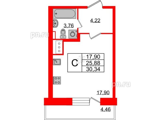 Квартира в ЖК 'Приневский', студия, 25.88 м², 2 этаж