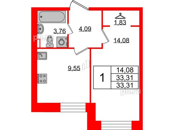 Квартира в ЖК 'Приневский', 1 комнатная, 33.31 м², 1 этаж