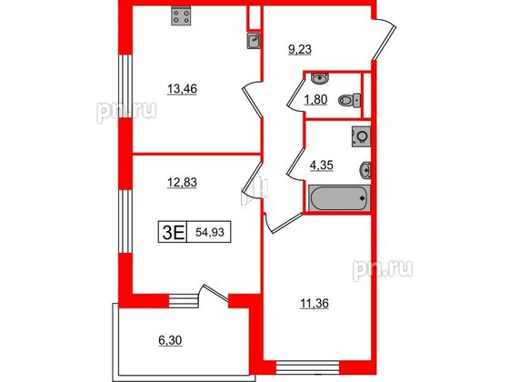 Квартира в ЖК Янила Кантри, 2 комнатная, 55.4 м², 1 этаж