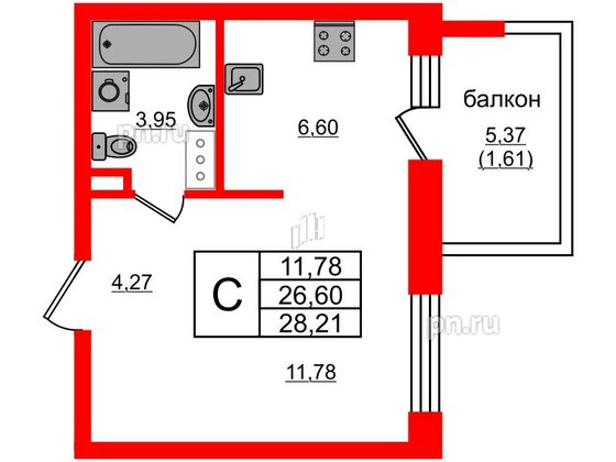 Квартира в ЖК Янила Кантри, студия, 28.3 м², 7 этаж