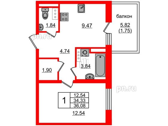 Квартира в ЖК Янила Кантри, 1 комнатная, 35.8 м², 4 этаж