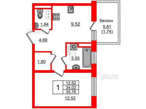 Квартира в ЖК Янила Кантри, 1 комнатная, 35.8 м², 9 этаж