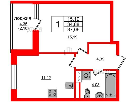 Квартира в ЖК Янила Кантри, 1 комнатная, 36.7 м², 9 этаж