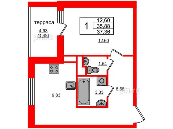 Квартира в ЖК Янила Кантри, 1 комнатная, 38 м², 1 этаж