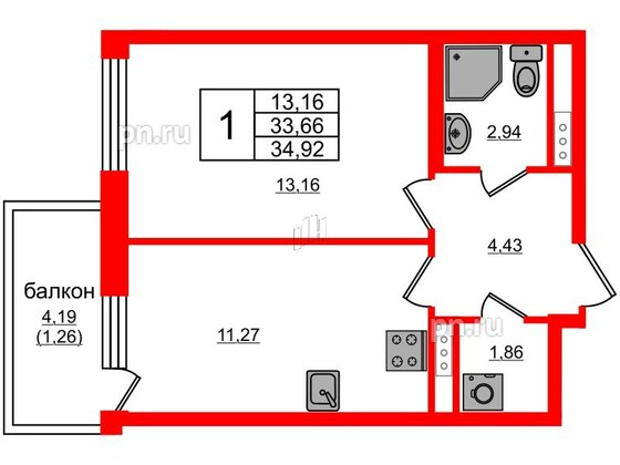 Квартира в ЖК Янила Кантри, 1 комнатная, 35.1 м², 2 этаж