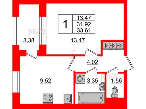 Квартира в ЖК ID Парк Победы, 1 комнатная, 33.61 м², 7 этаж