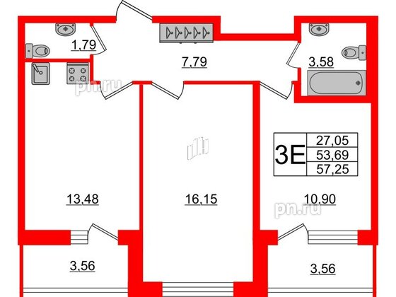 Квартира в ЖК Аквилон ZALIVE, 2 комнатная, 55.7 м², 1 этаж