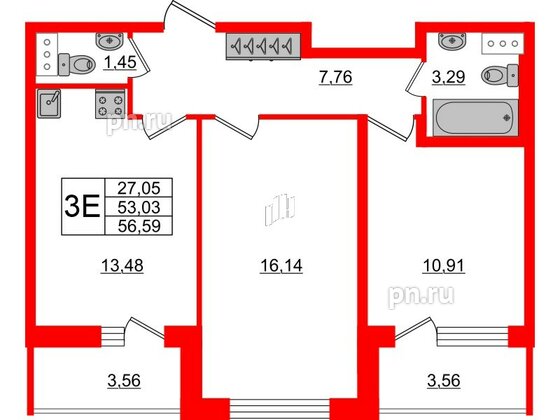 Квартира в ЖК Аквилон ZALIVE, 2 комнатная, 56.59 м², 3 этаж