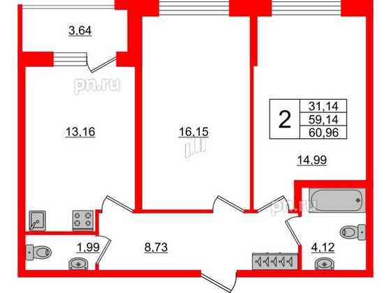 Квартира в ЖК Аквилон ZALIVE, 2 комнатная, 59.8 м², 1 этаж