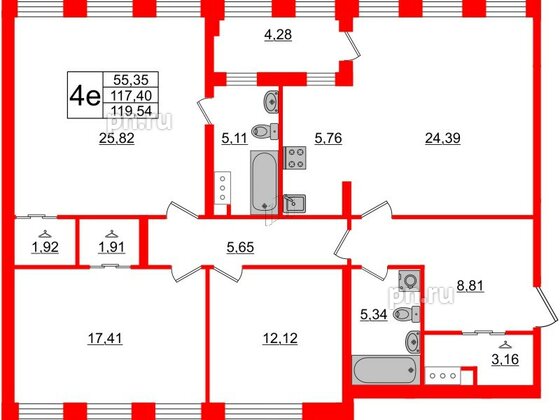 Квартира в ЖК Golden City, 3 комнатная, 119.54 м², 3 этаж