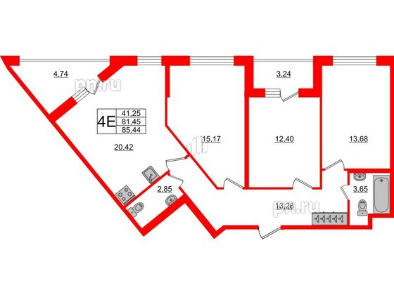 Квартира в ЖК Аквилон ZALIVE, 3 комнатная, 84.9 м², 2 этаж