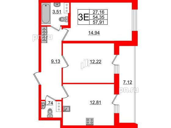 Квартира в ЖК Аквилон ZALIVE, 2 комнатная, 57.91 м², 10 этаж