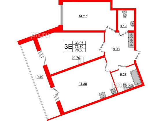 Квартира в ЖК Аквилон ZALIVE, 2 комнатная, 77.2 м², 1 этаж