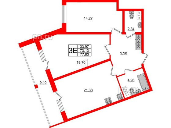 Квартира в ЖК Аквилон ZALIVE, 2 комнатная, 77.7 м², 3 этаж