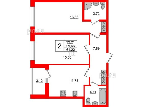 Квартира в ЖК Аквилон ZALIVE, 2 комнатная, 60.4 м², 1 этаж