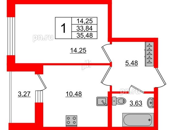 Квартира в ЖК Аквилон ZALIVE, 1 комнатная, 34.9 м², 1 этаж