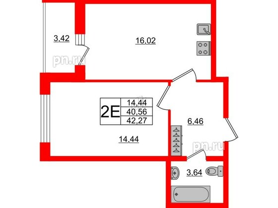 Квартира в ЖК Аквилон ZALIVE, 1 комнатная, 41.4 м², 1 этаж