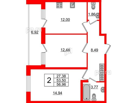 Квартира в ЖК Аквилон ZALIVE, 2 комнатная, 55.5 м², 1 этаж