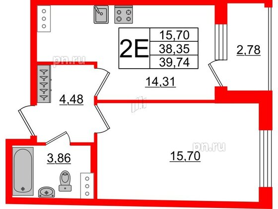 Квартира в ЖК Аквилон ZALIVE, 1 комнатная, 39.74 м², 4 этаж