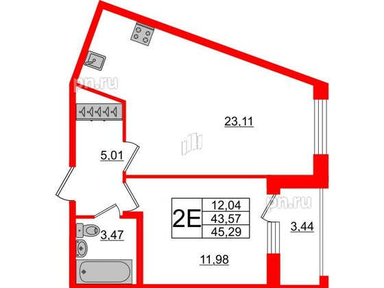 Квартира в ЖК Аквилон ZALIVE, 1 комнатная, 44.6 м², 1 этаж