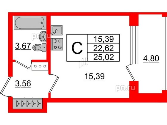 Квартира в ЖК Аквилон ZALIVE, студия, 24.9 м², 3 этаж