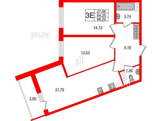 Квартира в ЖК Аквилон ZALIVE, 2 комнатная, 66.2 м², 2 этаж