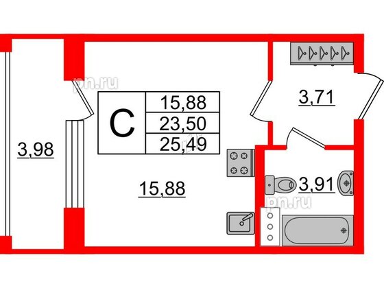 Квартира в ЖК Аквилон ZALIVE, студия, 26.1 м², 4 этаж