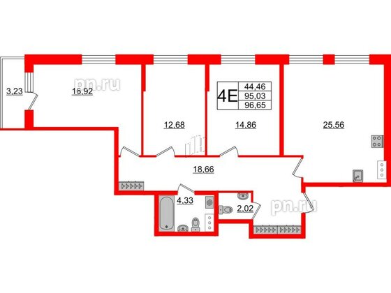 Квартира в ЖК Аквилон ZALIVE, 3 комнатная, 95.8 м², 5 этаж