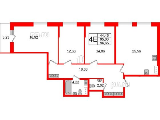 Квартира в ЖК Аквилон ZALIVE, 3 комнатная, 95.1 м², 11 этаж