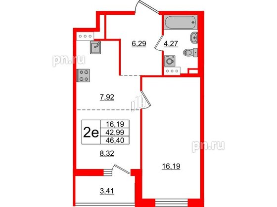 Квартира в ЖК «Черная Речка», 1 комнатная, 42.99 м², 14 этаж