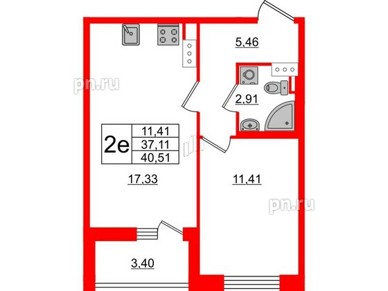 Квартира в ЖК «Черная Речка», 1 комнатная, 37.11 м², 13 этаж