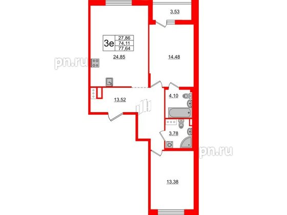 Квартира в ЖК «Черная Речка», 2 комнатная, 74.11 м², 14 этаж