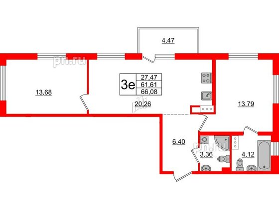 Квартира в ЖК «Черная Речка», 2 комнатная, 61.61 м², 13 этаж