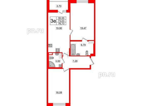 Квартира в ЖК «Черная Речка», 2 комнатная, 73.03 м², 11 этаж