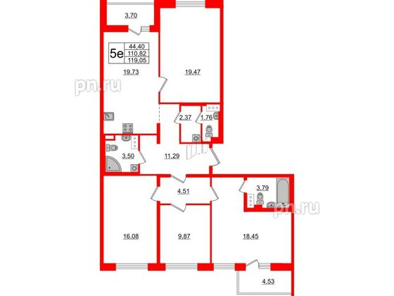 Квартира в ЖК «Черная Речка», 4 комнатная, 110.82 м², 12 этаж