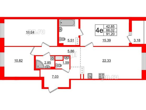 Квартира в ЖК «Черная Речка», 3 комнатная, 88.02 м², 11 этаж