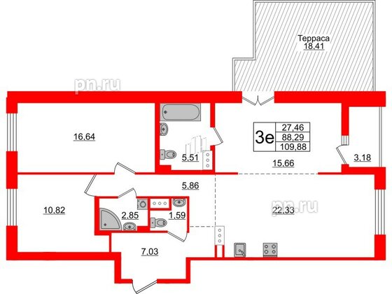 Квартира в ЖК «Черная Речка», 3 комнатная, 88.29 м², 12 этаж