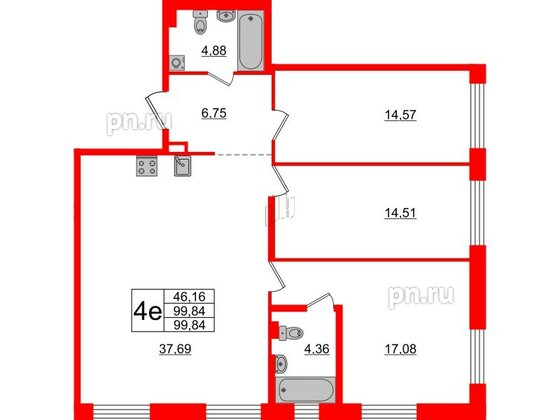 Квартира в ЖК «Черная Речка», 3 комнатная, 99.84 м², 1 этаж